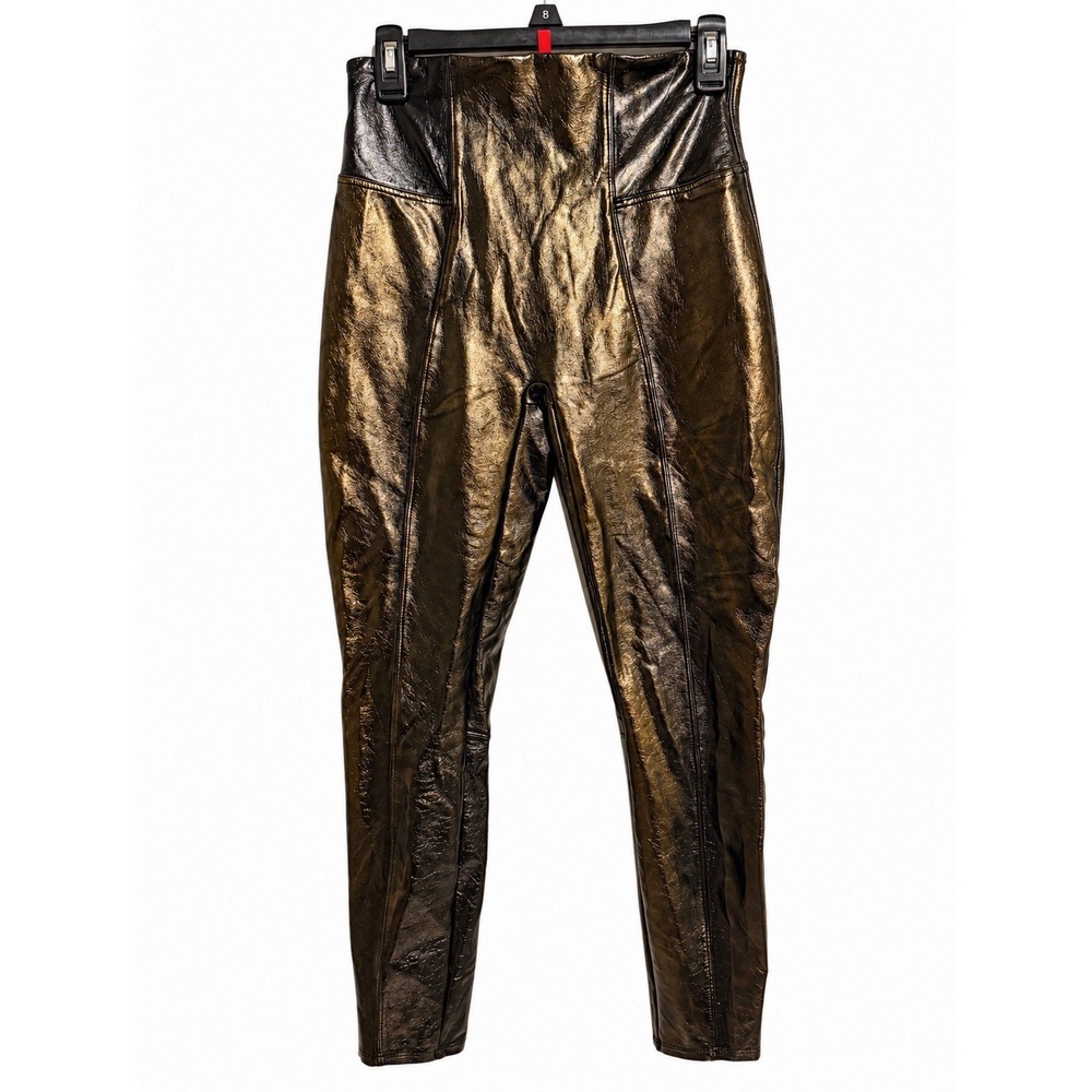 Spanx Metallic Black Gold Faux Leather High Rise Skinny Leggings Y2K Going Out M